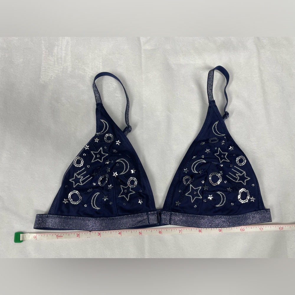 Victoria's Secret Bralette Women's Size S Lace Mesh Bra Sequin Silver Stars Navy